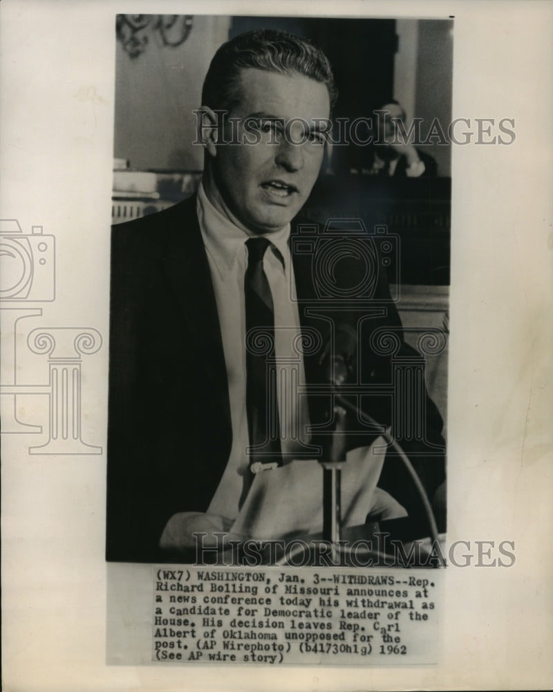 1962 Press Photo Representative Richard Bolling at news conference, Washington - Historic Images