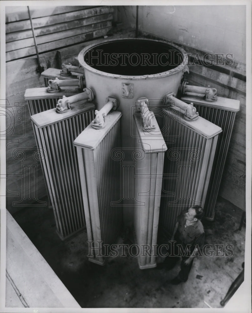 1952 Press Photo Albert Koehler, A Westinghouse employee with big transformers-Historic Images