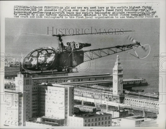 1958 Jet Alouettee II flies over San Francisco's famed Ferry Bldg. - Historic Images