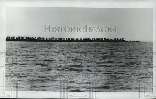 1975 Press Photo Lines of Laborers Along Dike in Bay of Bengal in Bangladesh-Historic Images