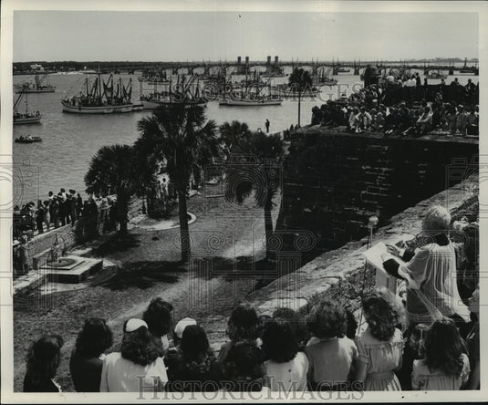 1947 Father WIlliam F. Balfe speaks at shrimp fleet blessing,-Historic Images