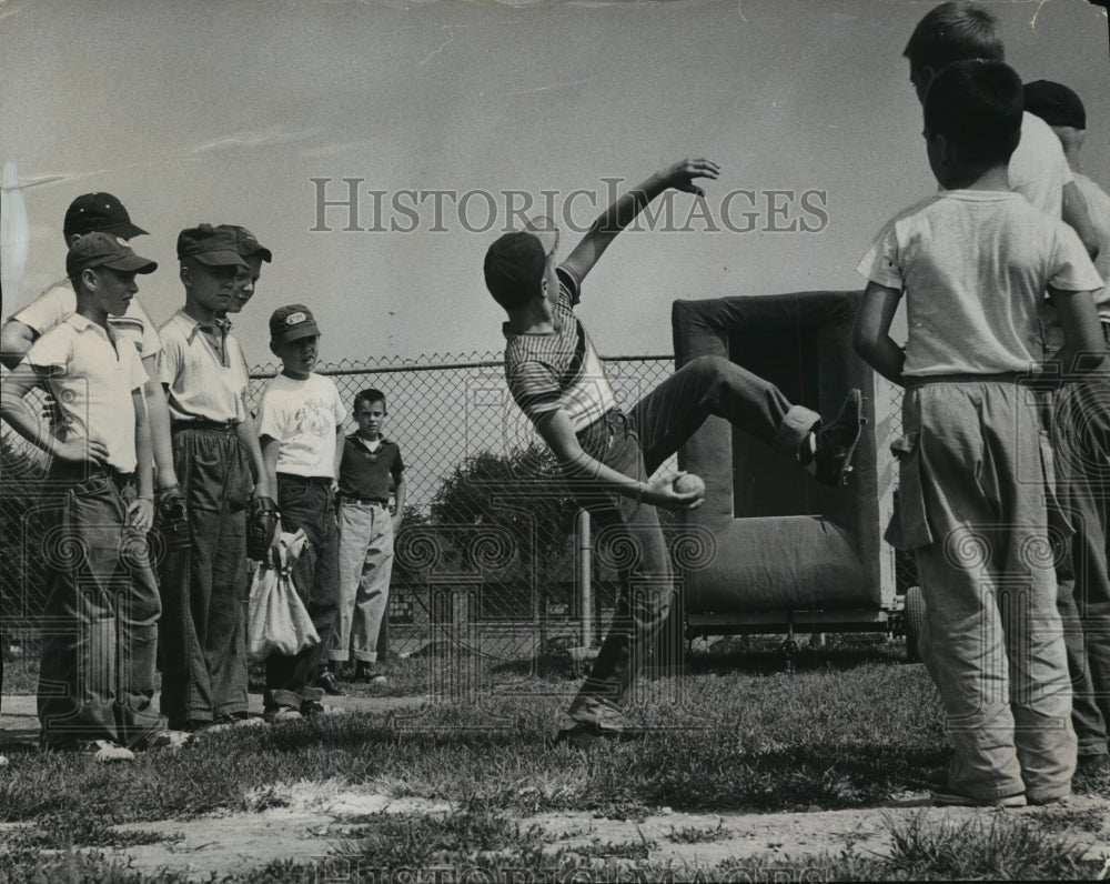 1956 Press Photo Young Daniel Pecora practices pitching in Milwaukee contest. - Historic Images