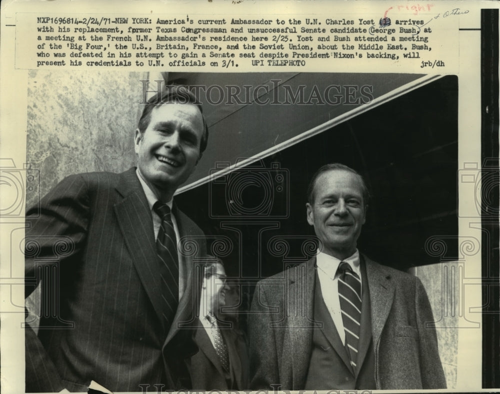 1971 Press Photo Charles Yost And George Bush Arriving New York - mjx19204-Historic Images
