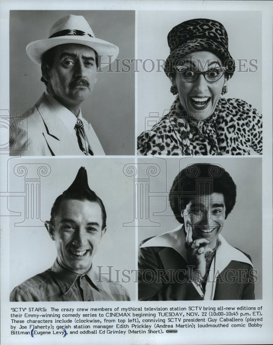 1983 Press Photo Andrea Martin, Eugene Levy & Martin Short in SCTV. - mjx19994-Historic Images