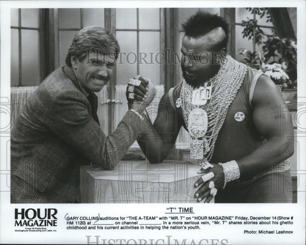 1984 Press Photo Gary Collins auditions for &quot;The A-Team&quot; with Mr. T - mjx20627-Historic Images