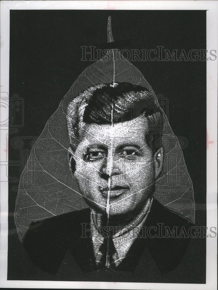 1964 Press Photo Pres. Kennedy art on large leaf in India by Sister Marie Celine-Historic Images