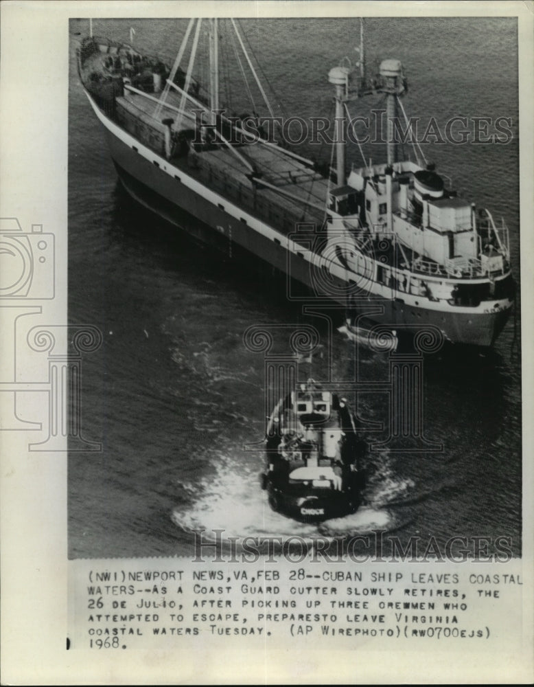 1968 Press Photo Coast Guard Cutter and Cuban Ship Leaving Coastal Waters - Historic Images