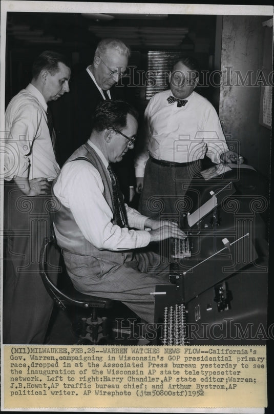 1952 Presidential candidate Gov. Warren at Associated Press bureau - Historic Images