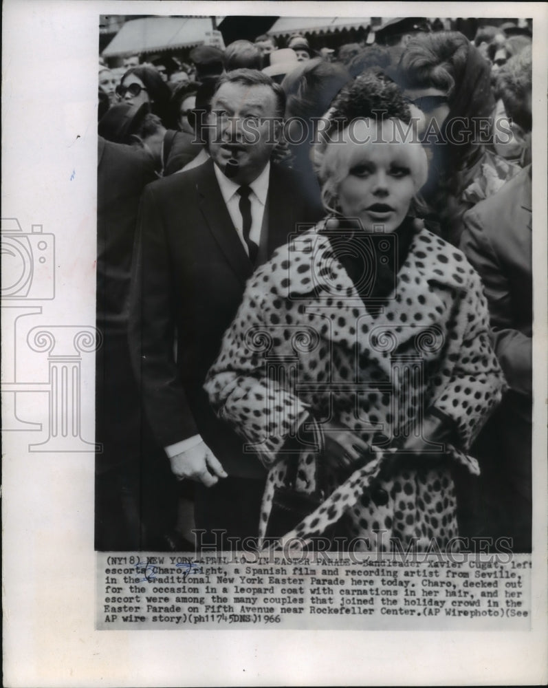 1966 Press Photo Bandleader Xavier Cugat escorts Spanish artist Charo - Historic Images