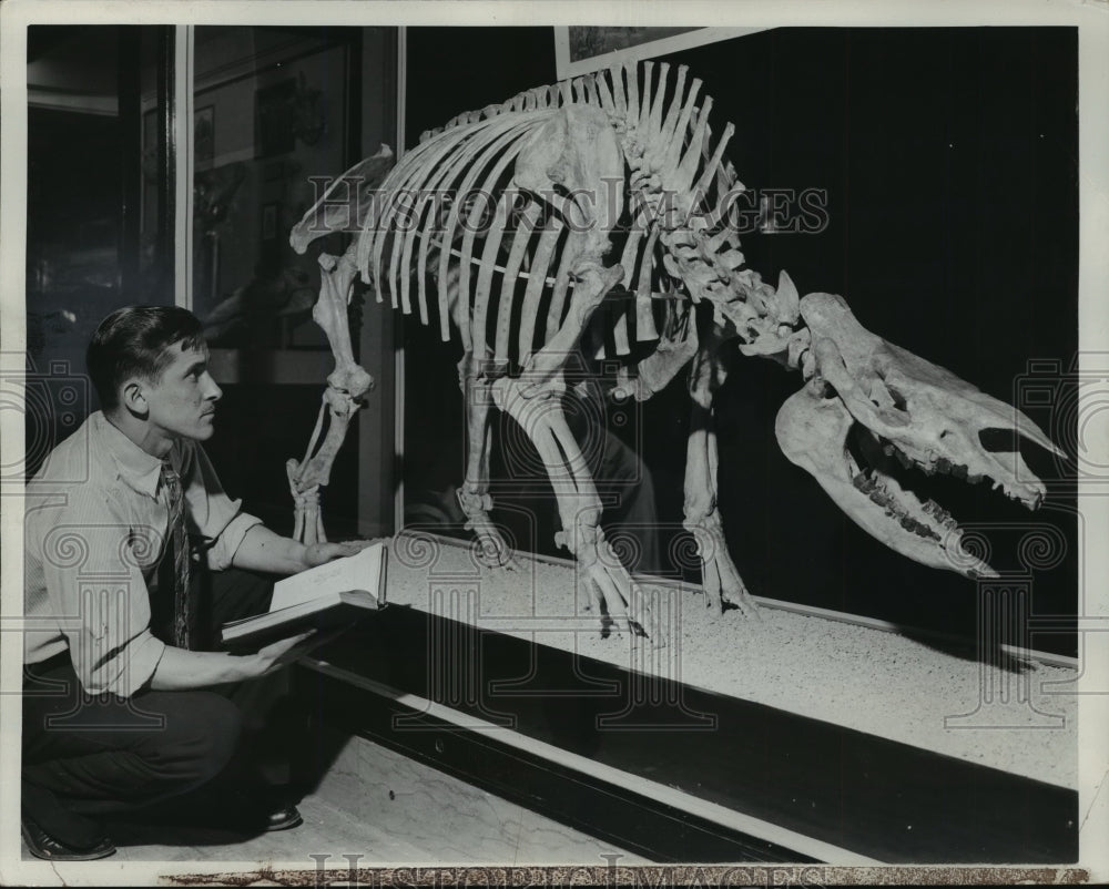 1940 Press Photo Sam Wood with specimen of trigonia osborni in the museum - Historic Images