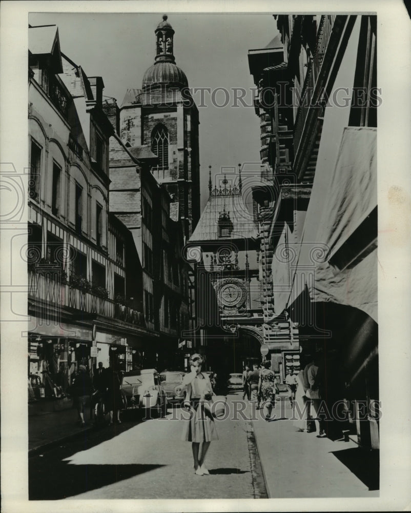1969 Press Photo Clock Tower on the Rue de L'Horloge in Normandy, France - Historic Images