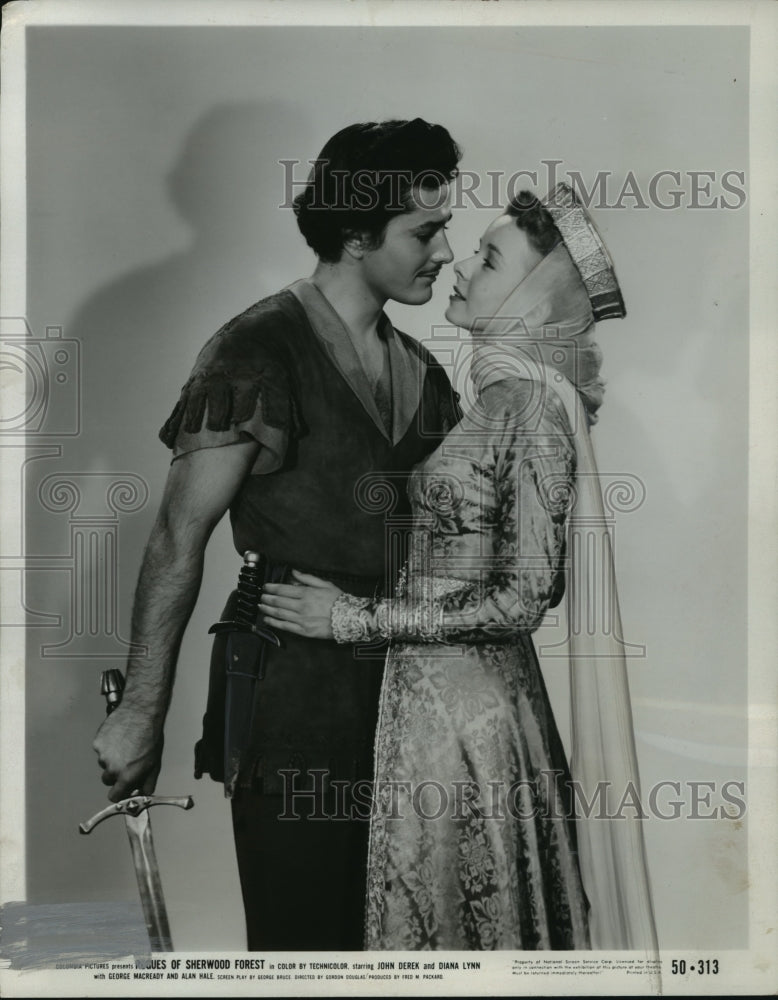 1950 Press Photo John Derek and Diana Lynn in &quot;Rogues of Sherwood Forest&quot; - Historic Images