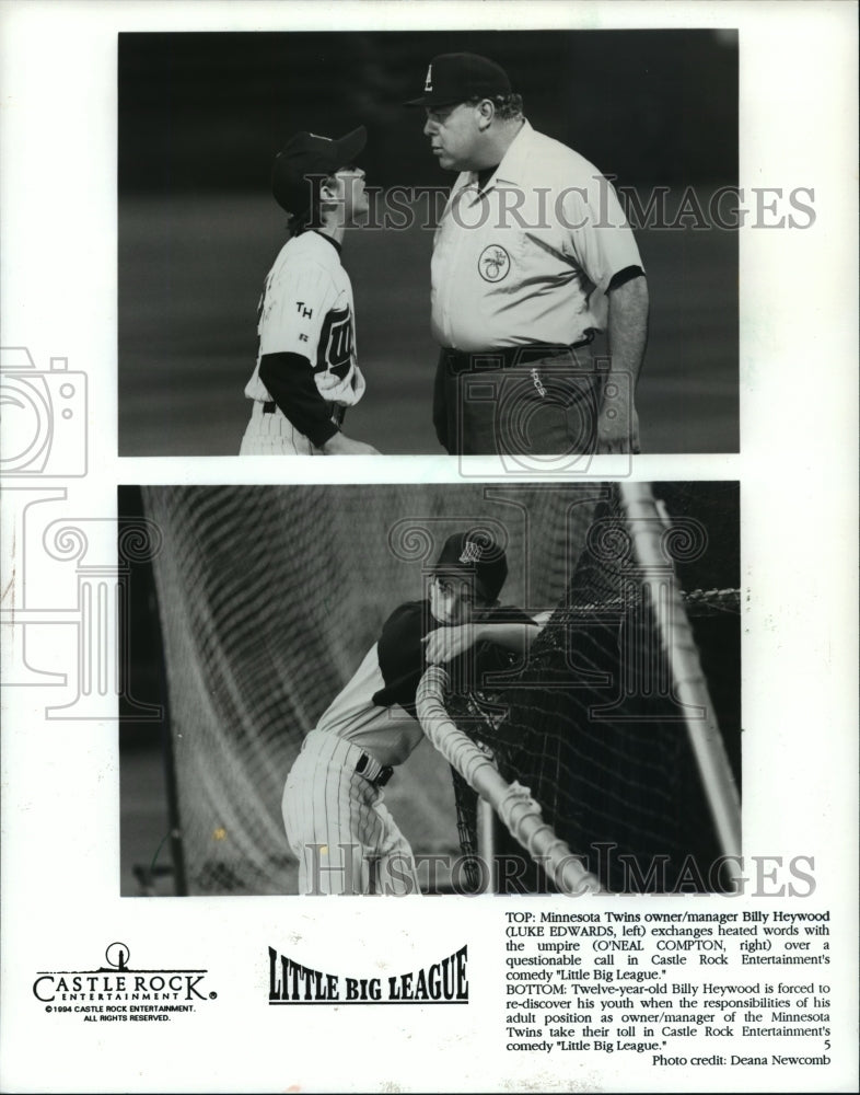 1994 Press Photo Billy Heywood and Umpire Go Head-to-Head in &quot;Little Big League&quot; - Historic Images