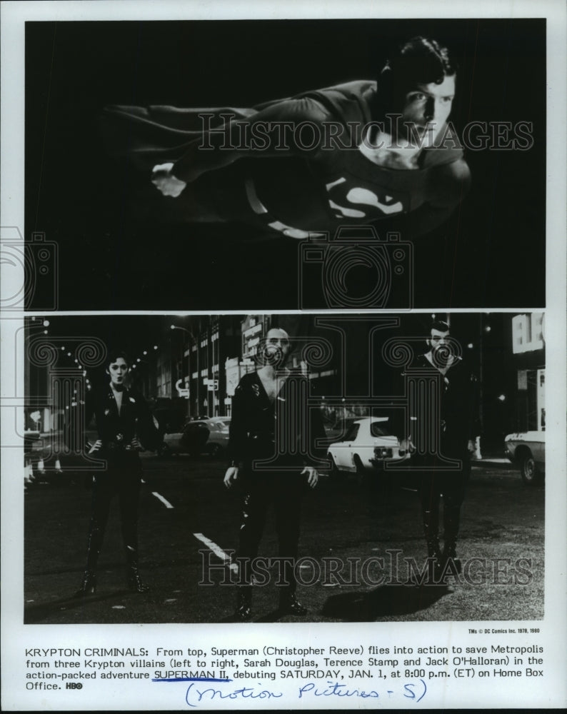 1983 Press Photo Christopher Reeve Flys to Save City from Villians "Superman II" - Historic Images