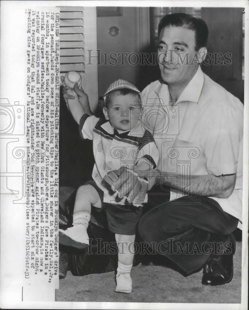 1956 Press Photo Sal Maglie with 16-month old Sal Maglie, jr. and baseball-Historic Images