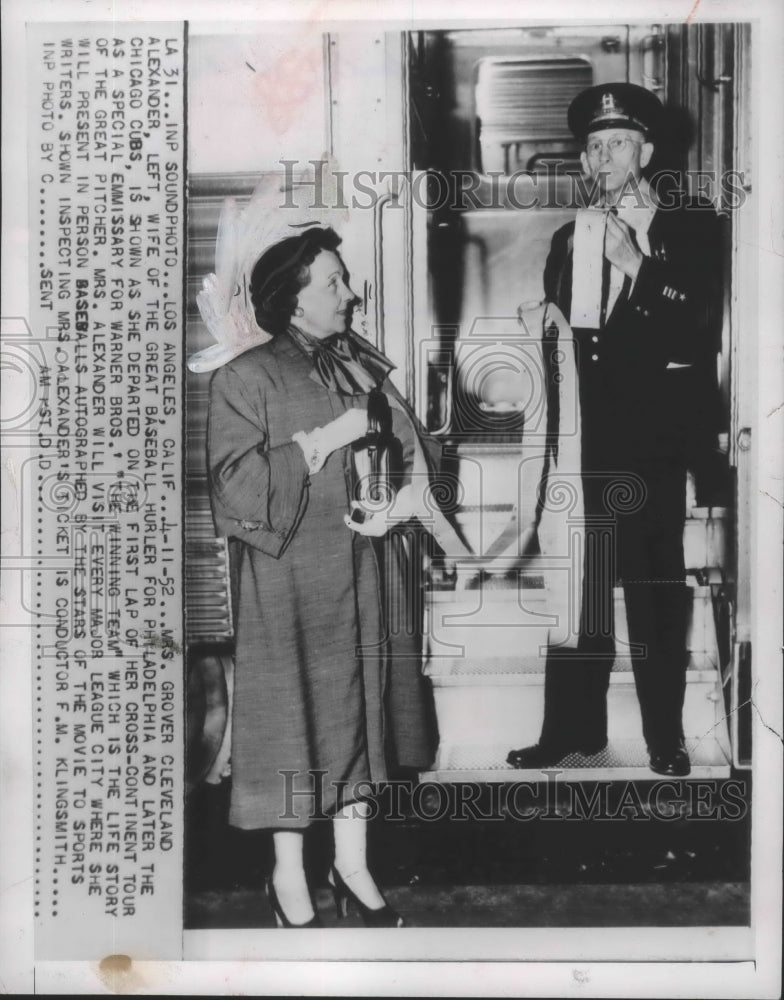 1952 Press Photo Mrs. Grover Cleveland Alexander departs for a tour - mjx30028-Historic Images