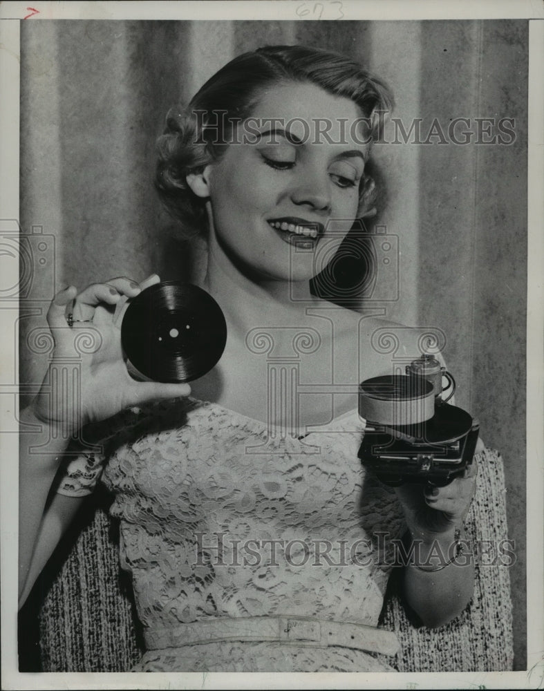 1953 &quot;World&#39;s smallest phonograph&quot; held by Peggy Smith, Chicago, IL-Historic Images