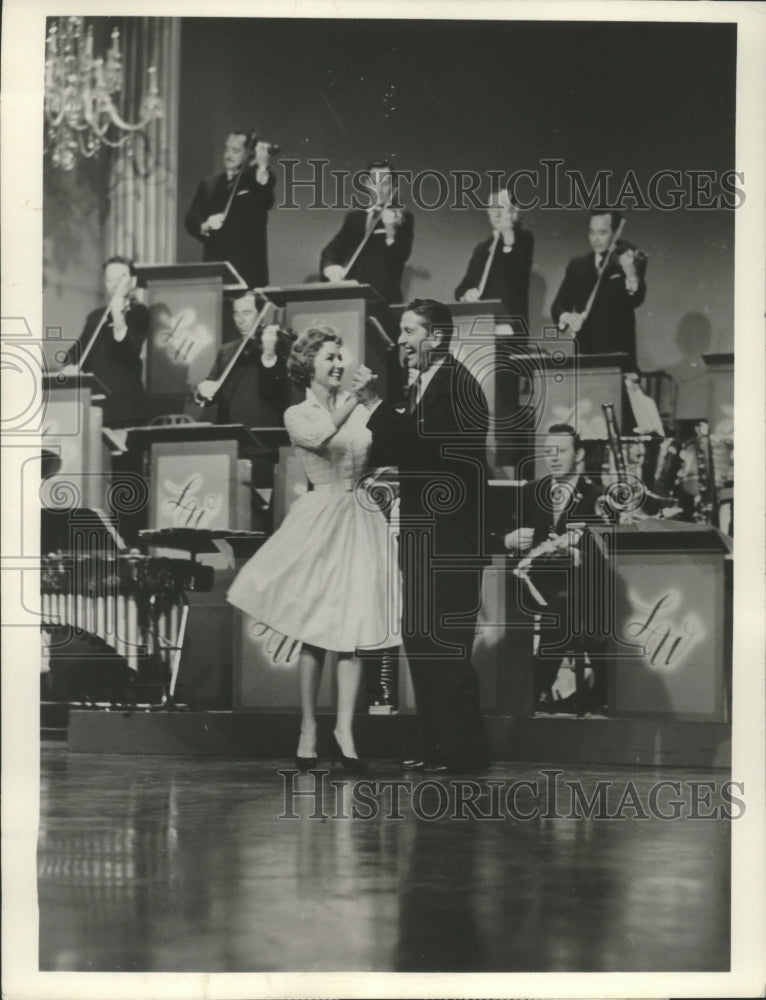 1961 Press Photo Norma Zimmer, Lawrence Welk, on &quot;The Lawrence Welk Show&quot; - Historic Images