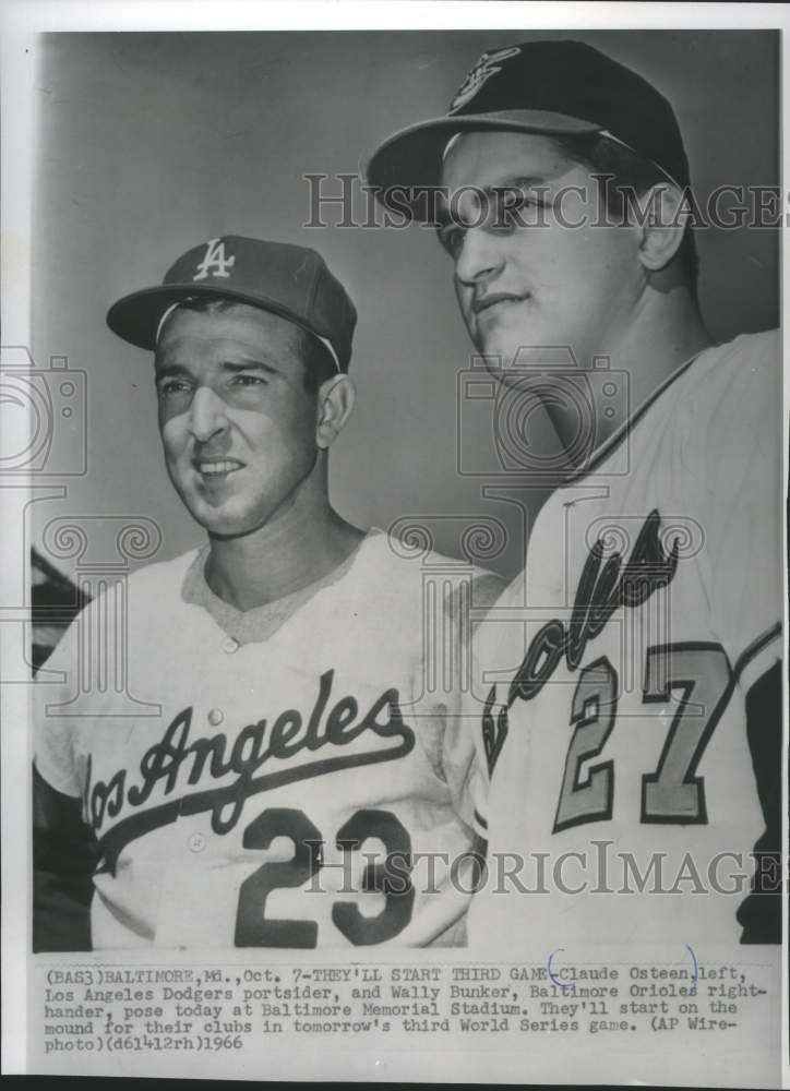 1966 Press Photo Los Angeles Dodgers Claude Osteen &amp; Baltimore&#39;s Wally Bunker - Historic Images