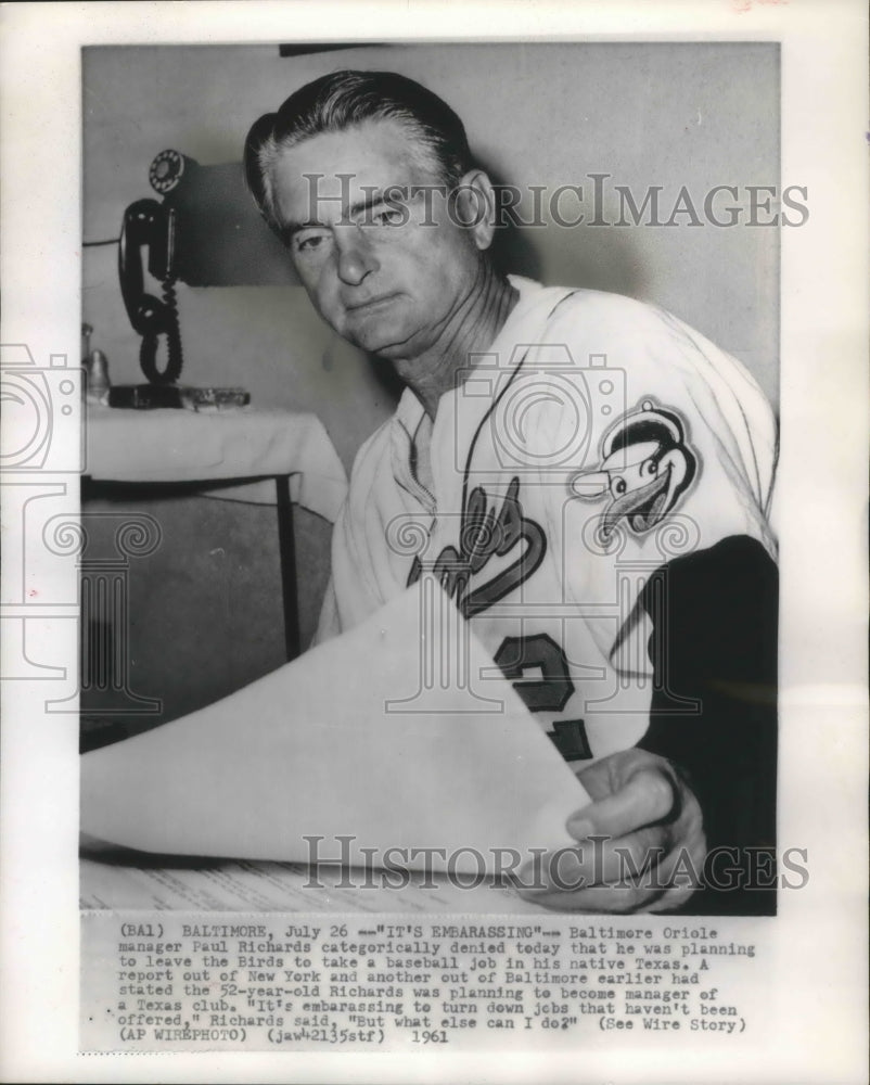 1961 Baltimore Oriole Manager, Paul Richards, Maryland-Historic Images