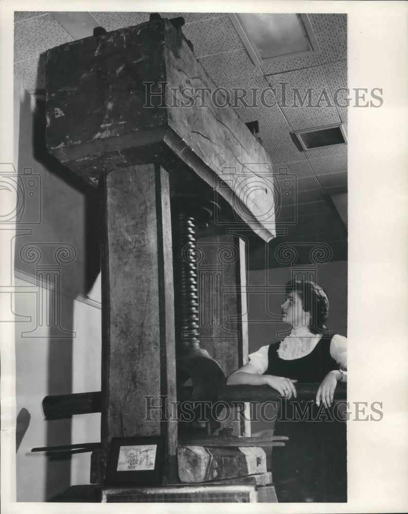 1955 Jean Riehl at Institute of Paper Chemistry displays a press.-Historic Images