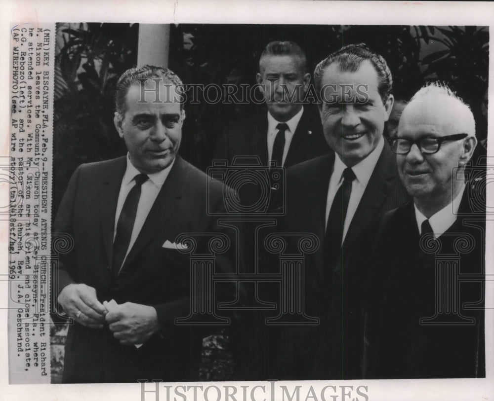 1969 Press Photo President Nixon, C.G. Rebozo, Rev. J.A. Geschwind, in Florida - Historic Images