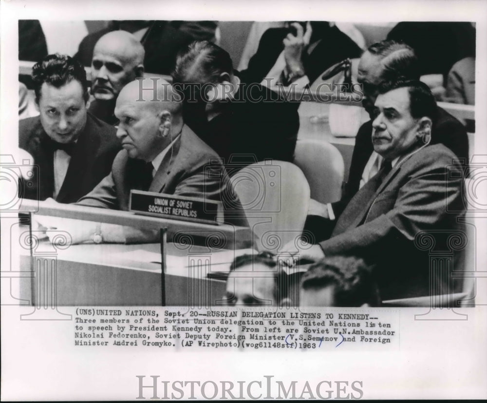 1963 Russian delegation listens to President Kennedy.-Historic Images