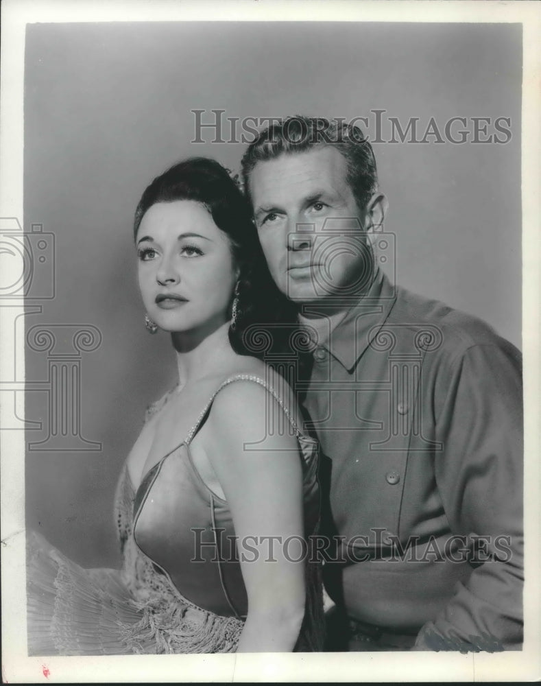1955 Press Photo Actors Vera Ralston & Sterling Hayden in scene from "Timberjack-Historic Images