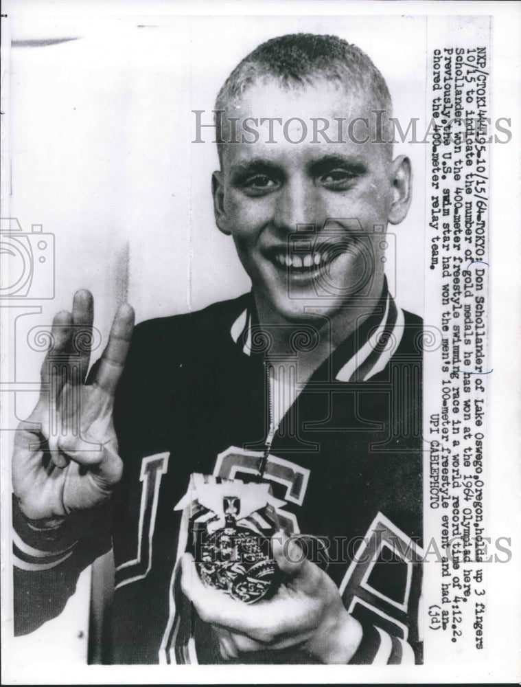 1964 Press Photo Don Schollander wins three Olympic gold metals in Tokyo, Japan.- Historic Images