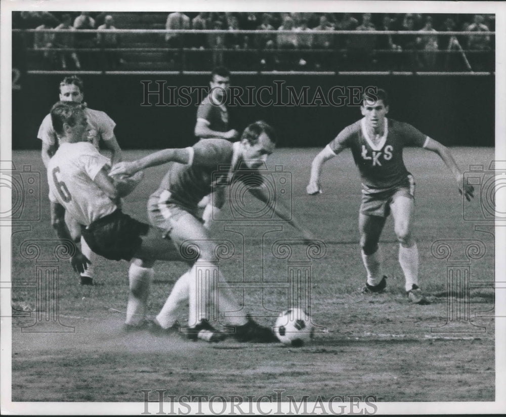 1967 Press Photo Poland's Edward Studniorz is called for holding foul. - Historic Images