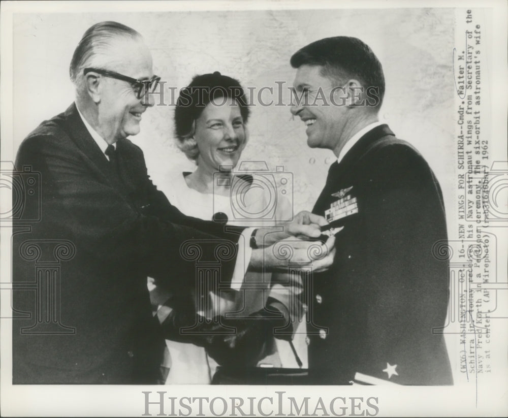 1962 Press Photo Commander Walter M. Schirra receives his Navy astronaut wings-Historic Images