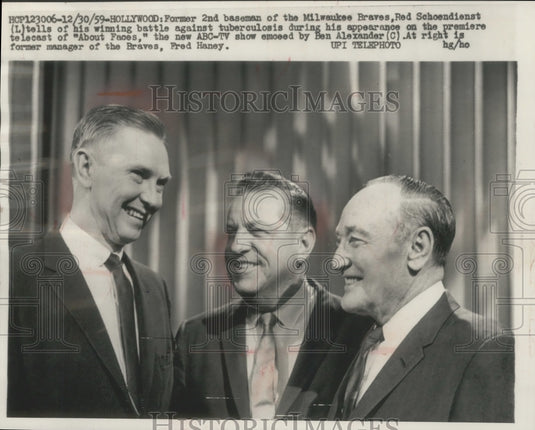 1959 Red Schoendienst, Milwaukee Braves & Ben Alexander, Fred Haney. - Historic Images