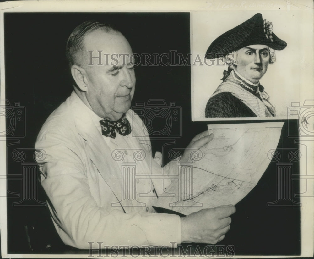 1953 Charles Parmer Holds Map-Inset of Comte de Rochambeau-Historic Images