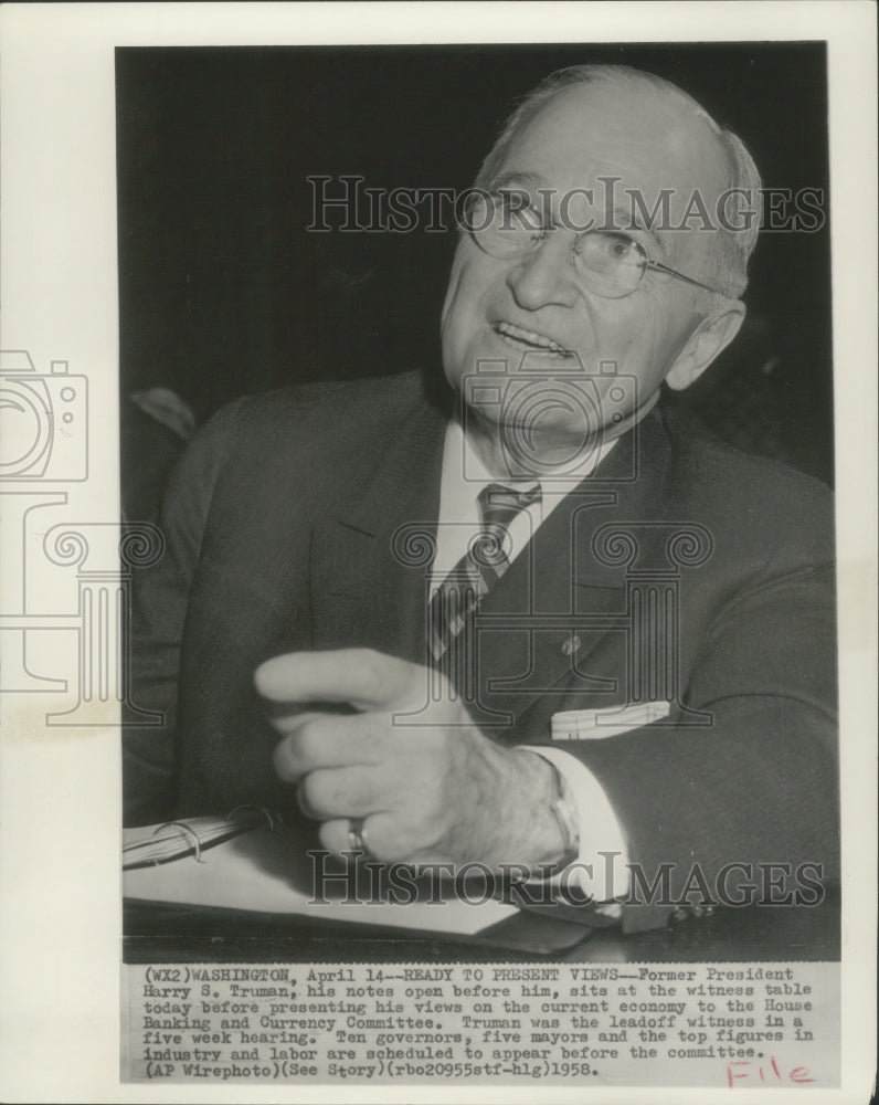 1958 Press Photo Former President Truman to speak before House Committee. - Historic Images