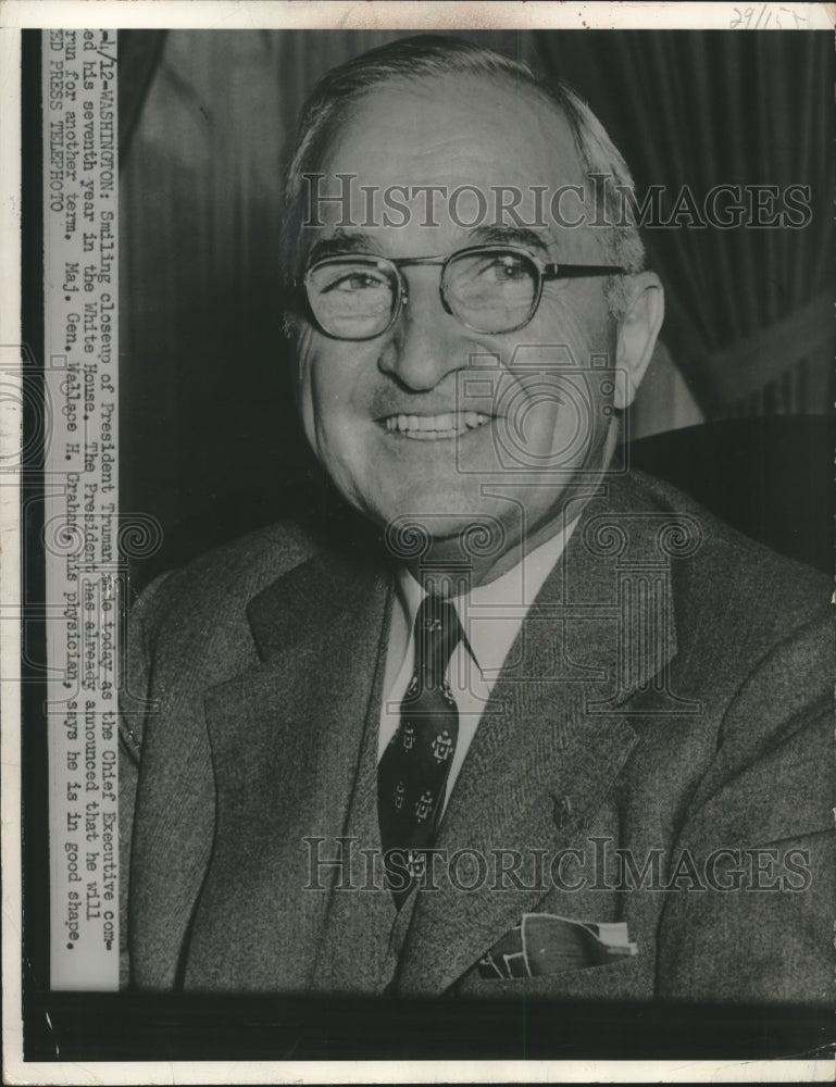 1952 Smiling President Truman completes seventh year in White House - Historic Images