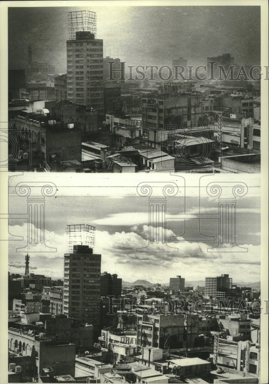 1982 Aerial views of Mexico City shows smoggy day versus clear day - Historic Images