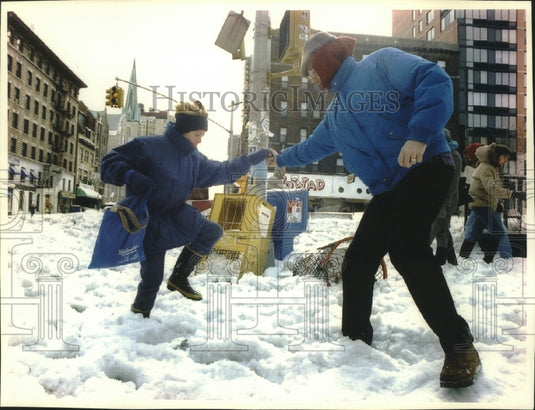 1993 Pedestrians in deep snow on New York's Upper West Side - Historic Images