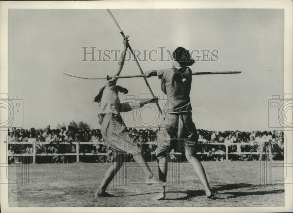 1953 Press Photo Women duel with swords in Bangkok, Siam - mjx59013- Historic Images