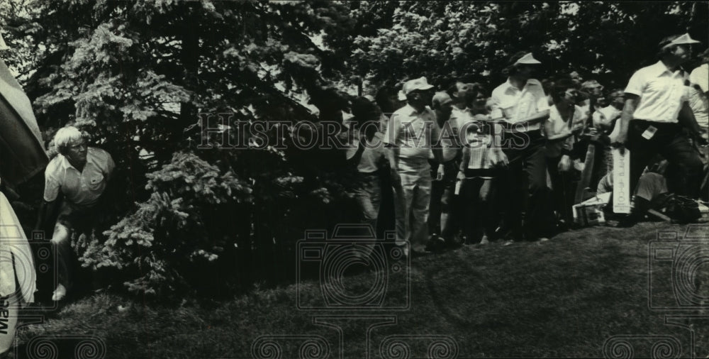 1981 Golfer Jack Nicklaus behind a tree at Butler National Golf Club - Historic Images