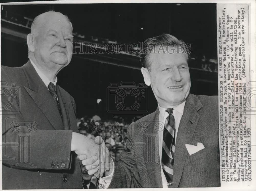 1959 Press Photo Herbert Hoover, Nelson Rockefeller at Old Timers Game, New York - Historic Images