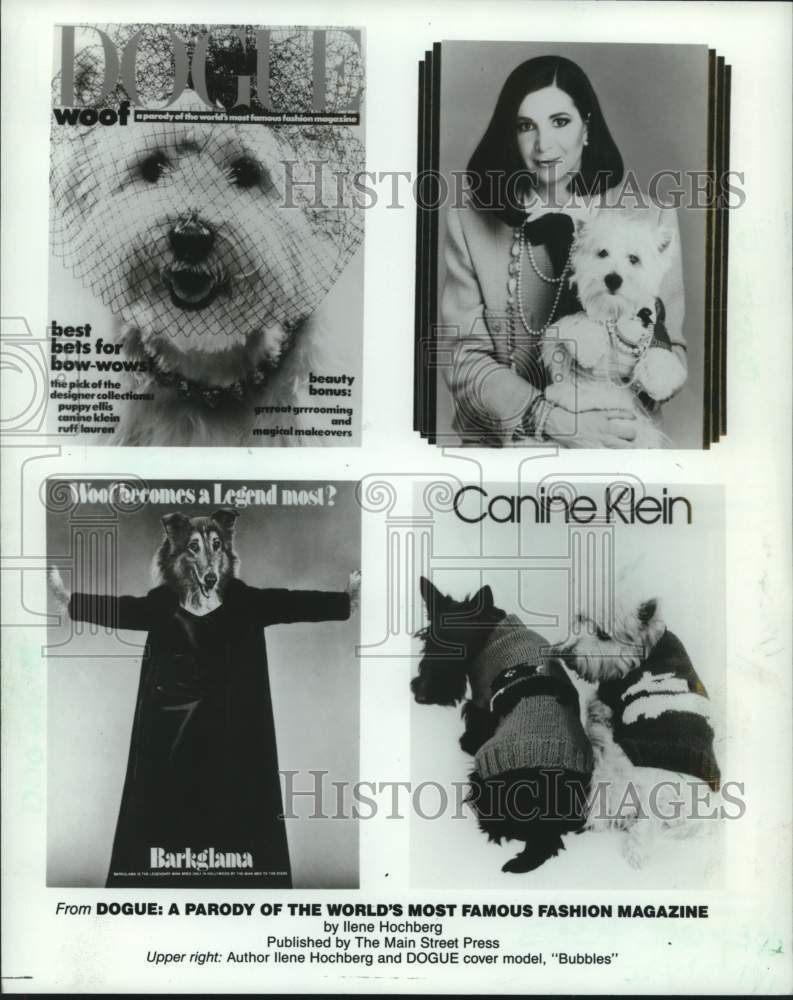 1986 Press Photo Dog stars of Dogue and editor Ilene Hochberg holding Bubbles - Historic Images