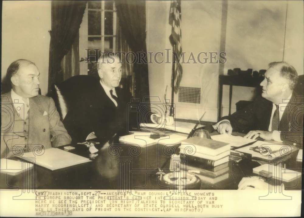 1938 President Franklin Roosevelt talks to &quot;War Council&quot; Washington - Historic Images