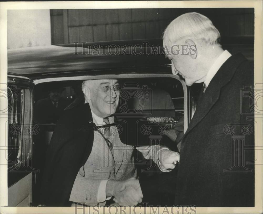 1943 Secretary of State Cordell Hull greets President Roosevelt - Historic Images