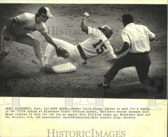 1983 Brewer Cecil Cooper slid in safe for a double at County Stadium - Historic Images