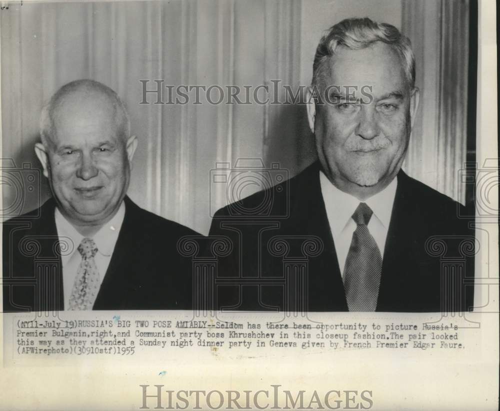 1955 Press Photo Russian Premier N. Bulganin & Communist N. Khrushchev, Geneva - Historic Images