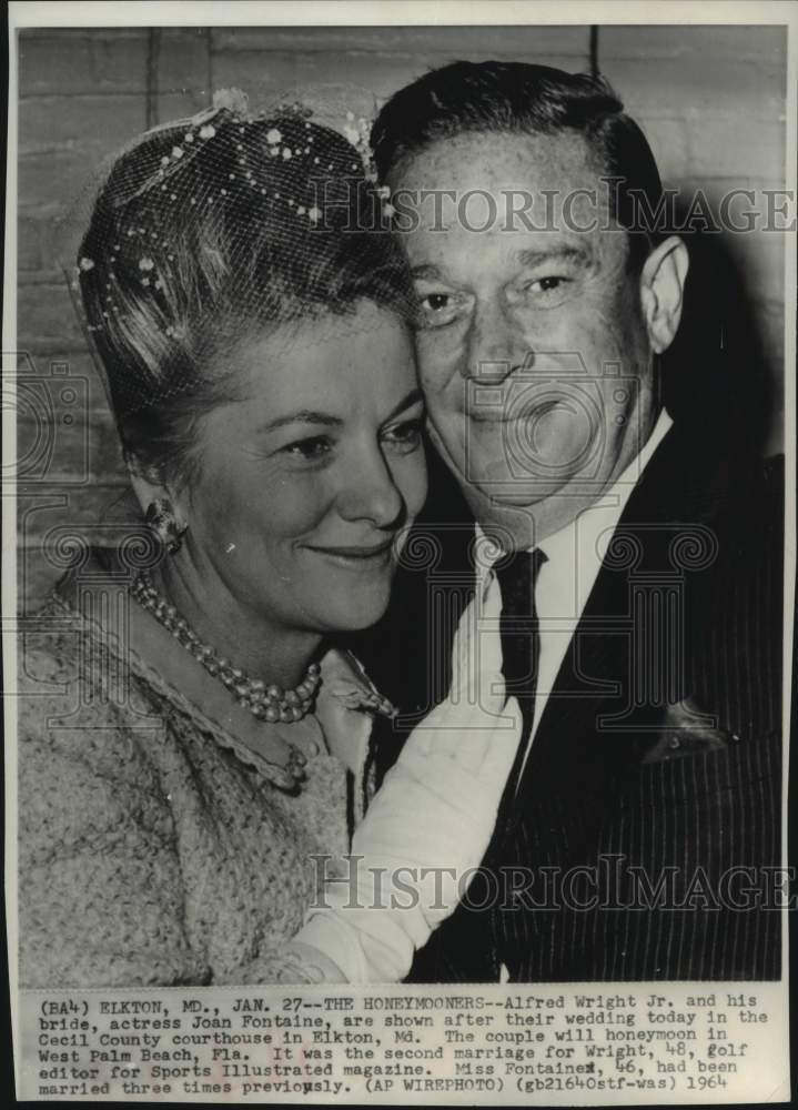 1964 Press Photo Alfred Wright Jr, and his bride Joan Fontaine, Elkton, Maryland - Historic Images
