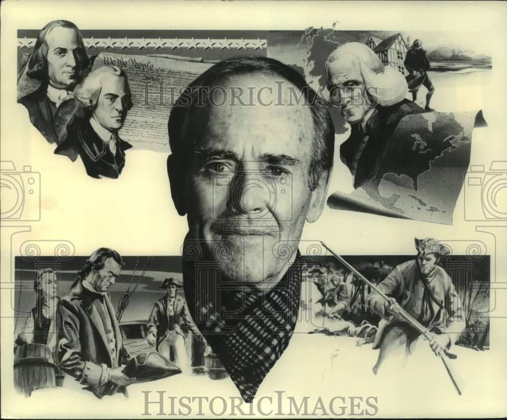 1977 Press Photo Henry Fonda surrounded by sketches in &quot;Decades of Decision&quot;. - Historic Images