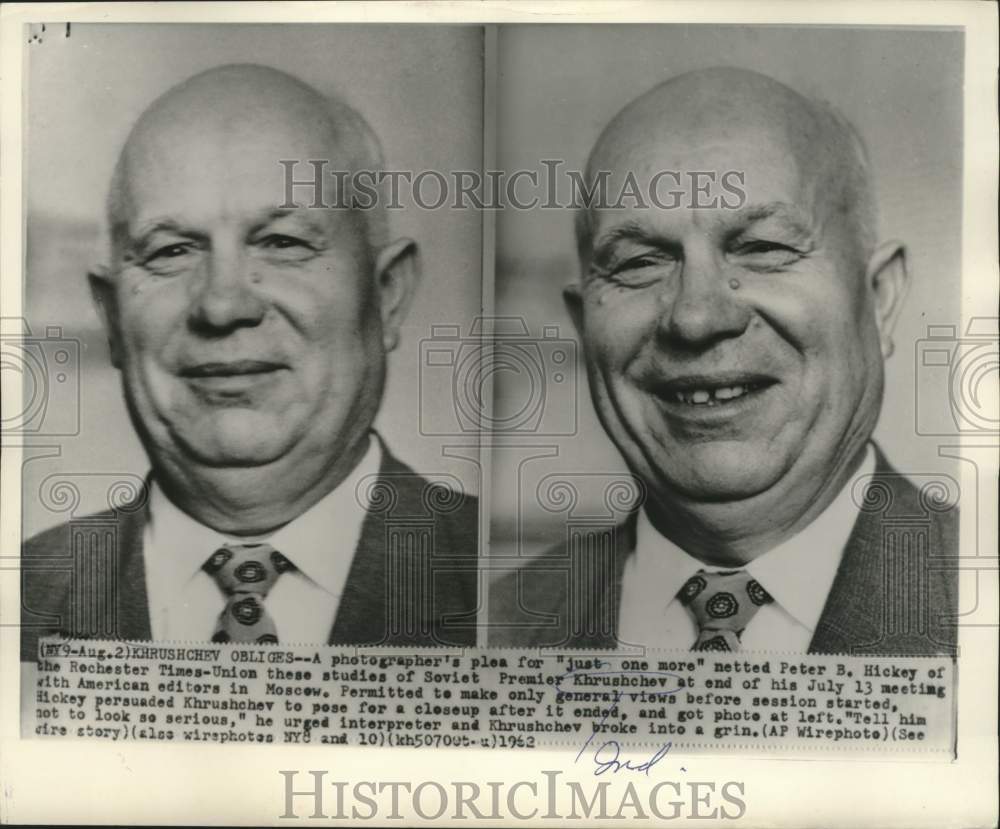 1962 Press Photo Soviet Premier Khrushchev posing for photo, Moscow. - Historic Images