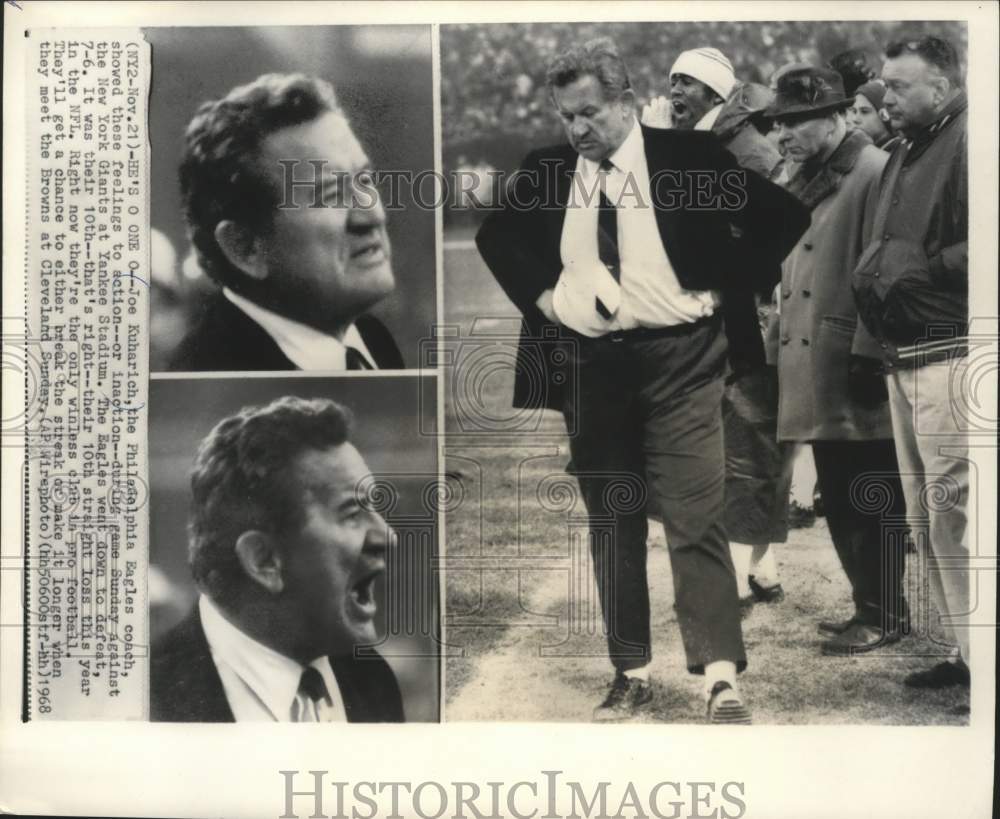 1968 Press Photo Eagles coach Joe Kuharich shows emotions at Yankee Stadium. - Historic Images