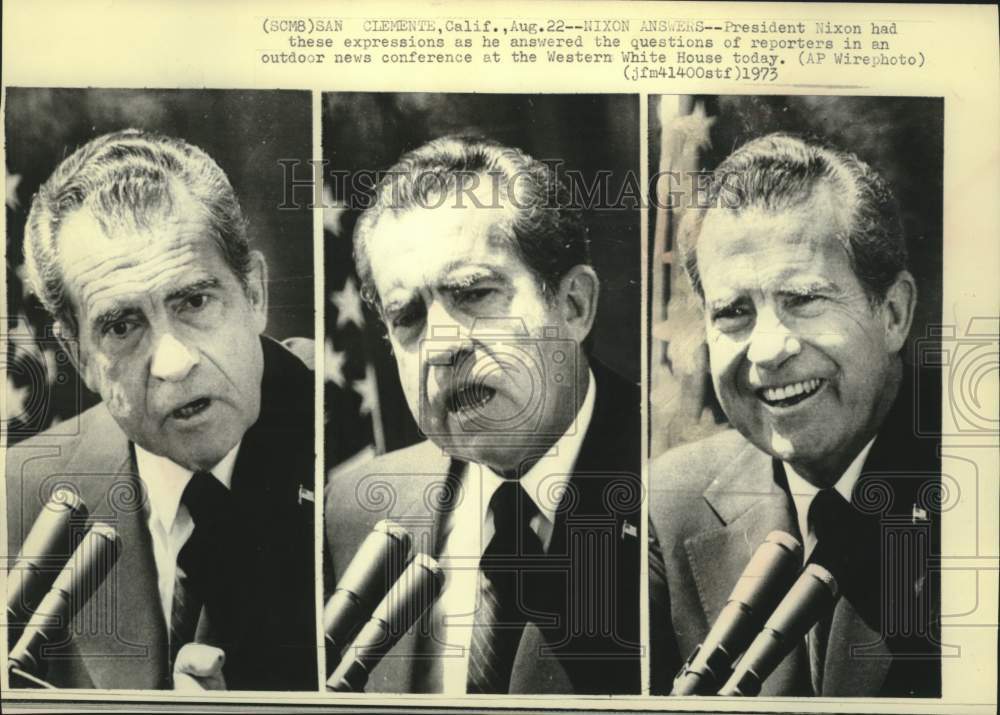 1973 Press Photo President Nixon&#39;s expressions when talking to press, California - Historic Images